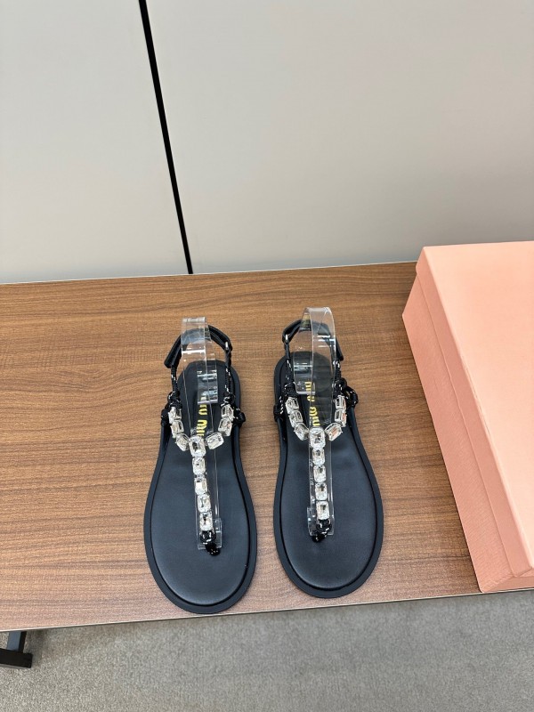 2025 Women Miu Miu Black Leather Rhinestone Sandals LY