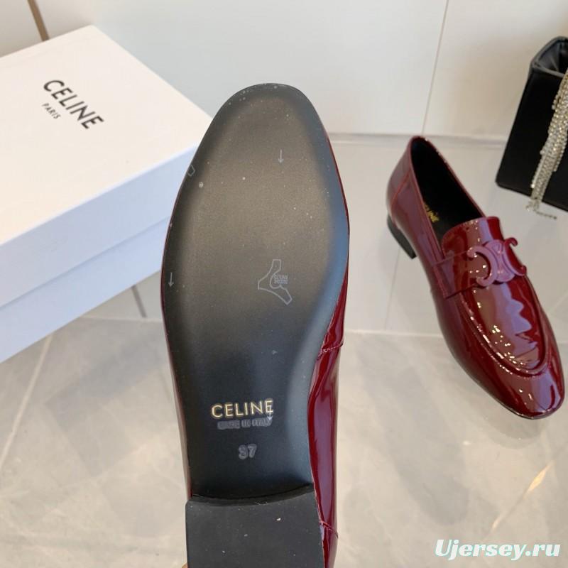 2025 Women CELINE Burgundy Patent Leather Loafers