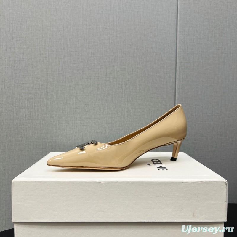 2025 Women Celine Beige Patent Leather Pointed Toe Heel Metal Ornament KFY00290
