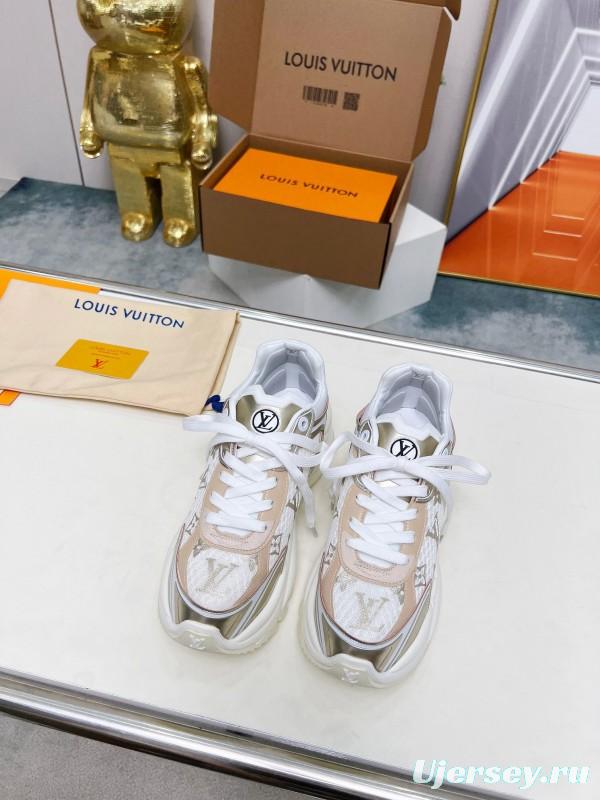 2025 Women Louis Vuitton White Beige Mesh Leather Sneakers LY00340