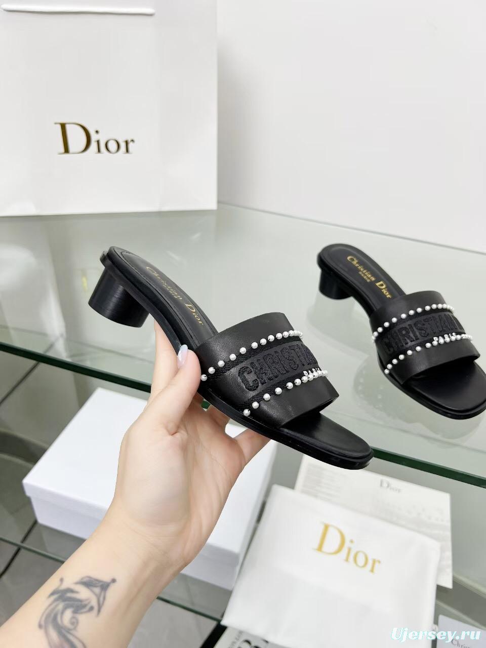 2025 Women Dior Black Leather Mules Pearl LY00210