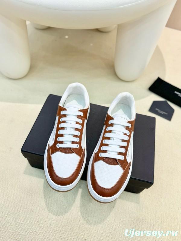2024 Unisex Yves Saint Laurent White Brown Leather Canvas Sneakers MJ00350