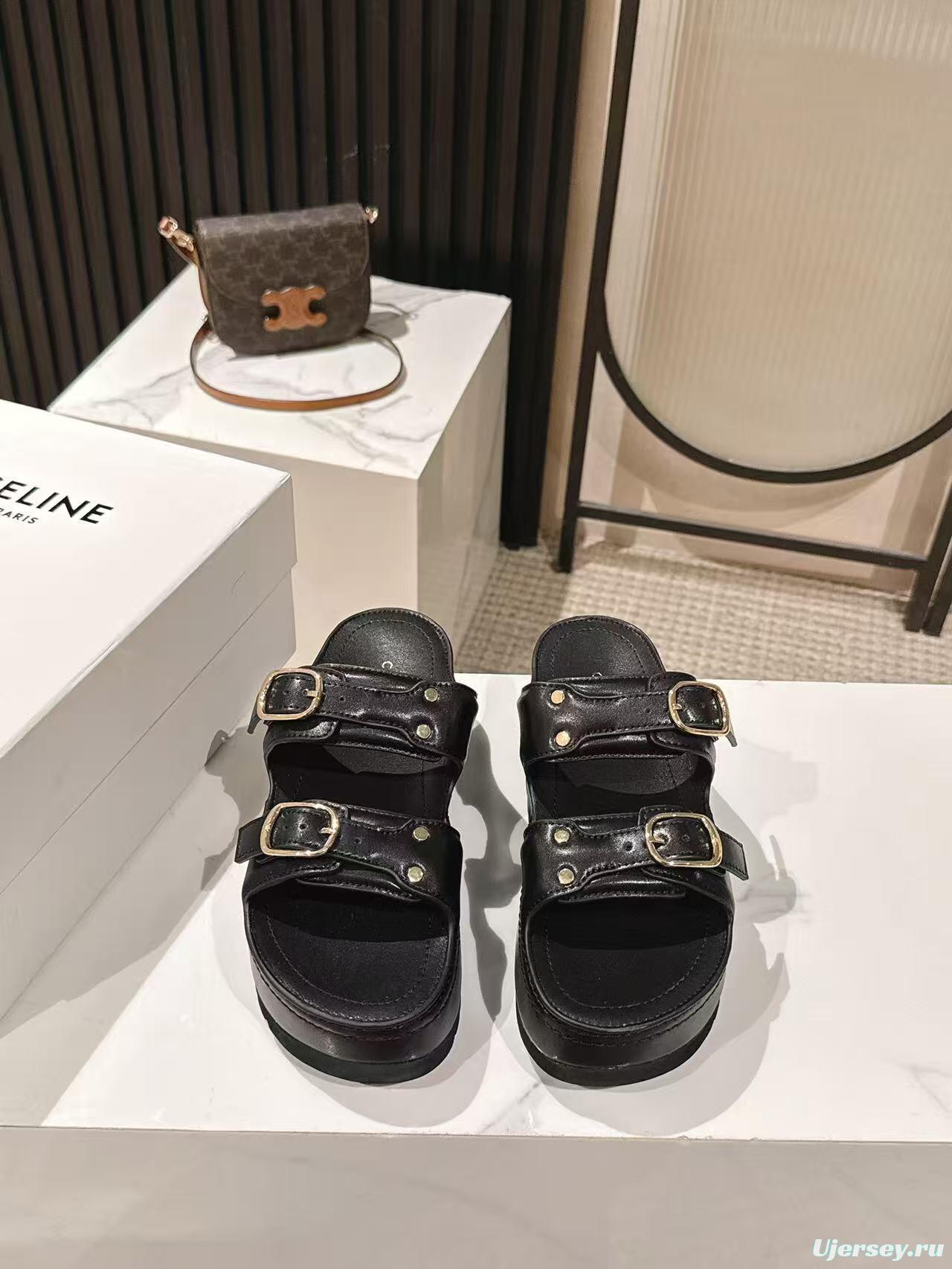 2025 Women Celine Black Leather Platform Slide Sandals LY00300