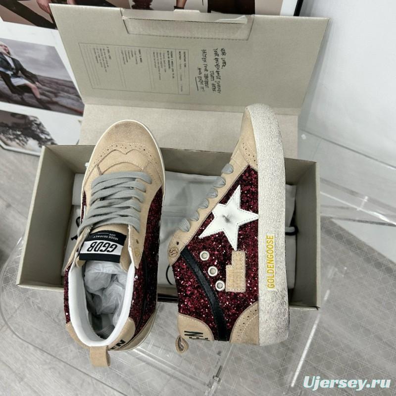 2024 Unisex GGDB Burgundy Beige Glitter Leather High Top Sneakers MJ00300