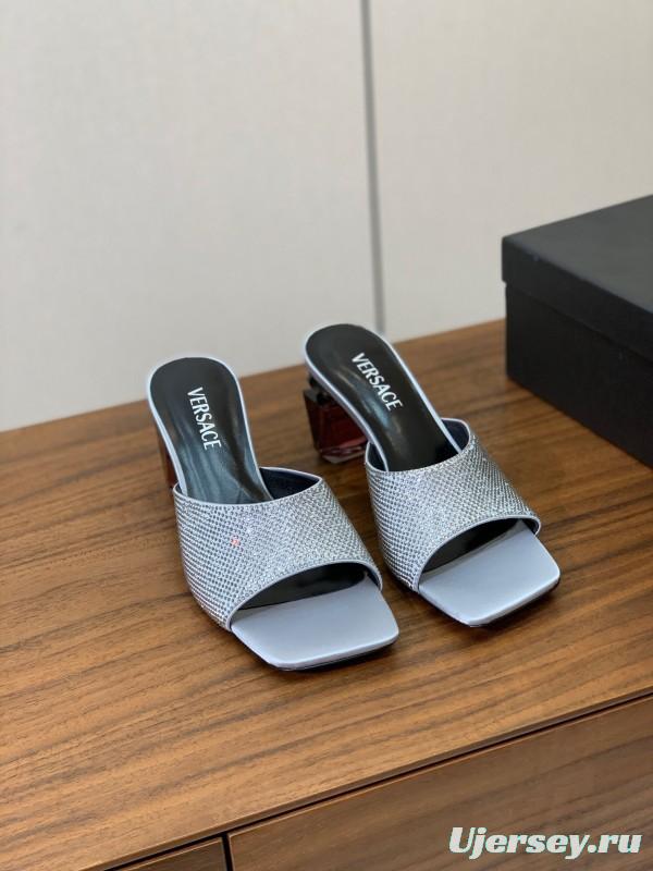 2025 Women VERSACE Silver Leather Slippers