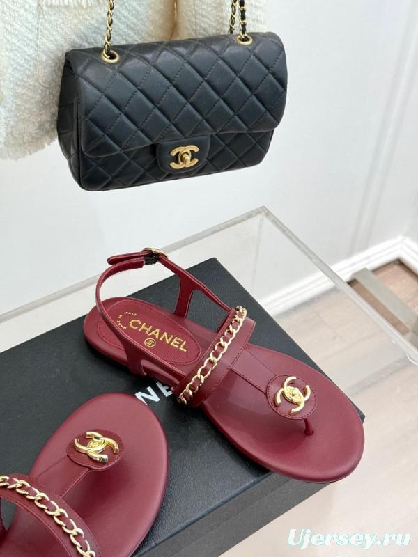 2025 Women Chanel Red Leather Sandals Chain Decoration