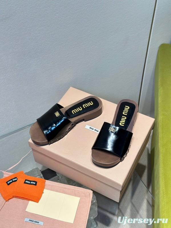 2025 Women Miu Miu Black Leather Slippers