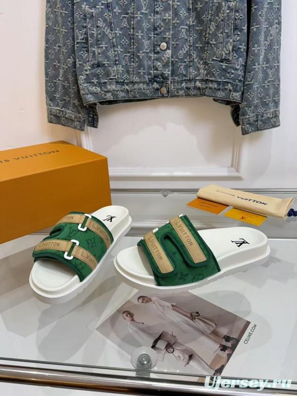 2025 Slippers Louis Vuitton Green White Canvas Slippers LY