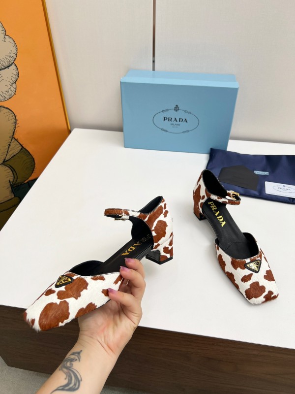 2025 Women Prada Brown White Calf Hair Strap Heels LY00270