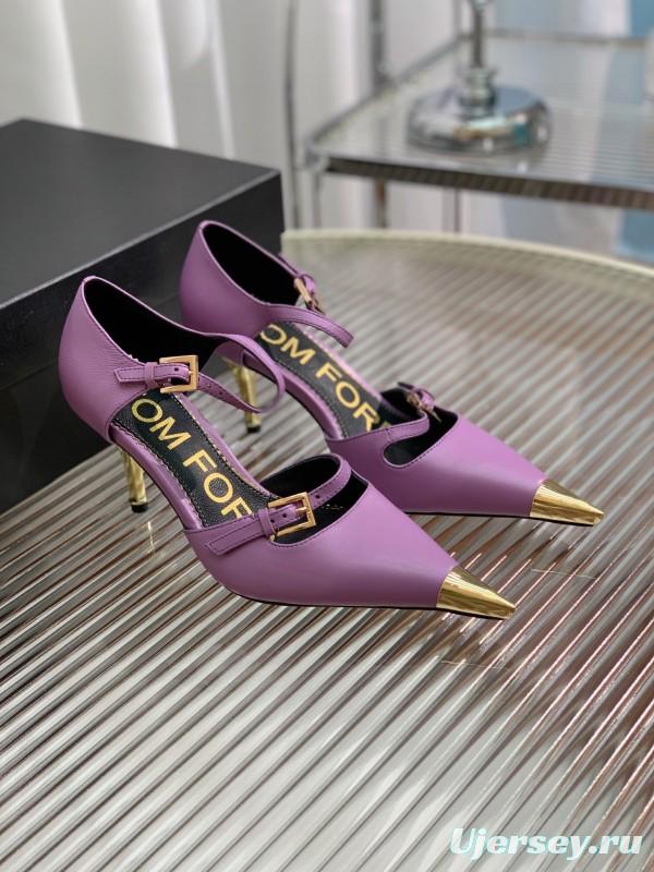 2025 Women TOM FORD Purple Gold Leather Pointed Toe Heels KFY00320