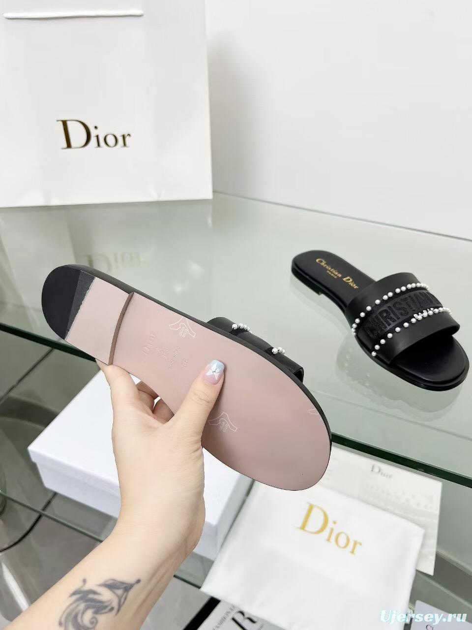 2025 Women Dior Black Leather Slippers Pearl Embellishment LY00190