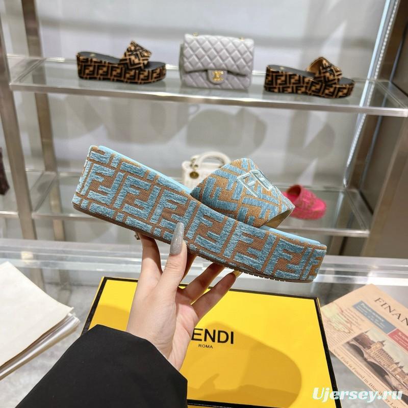 2025 Women Fendi Blue Brown Canvas Slippers