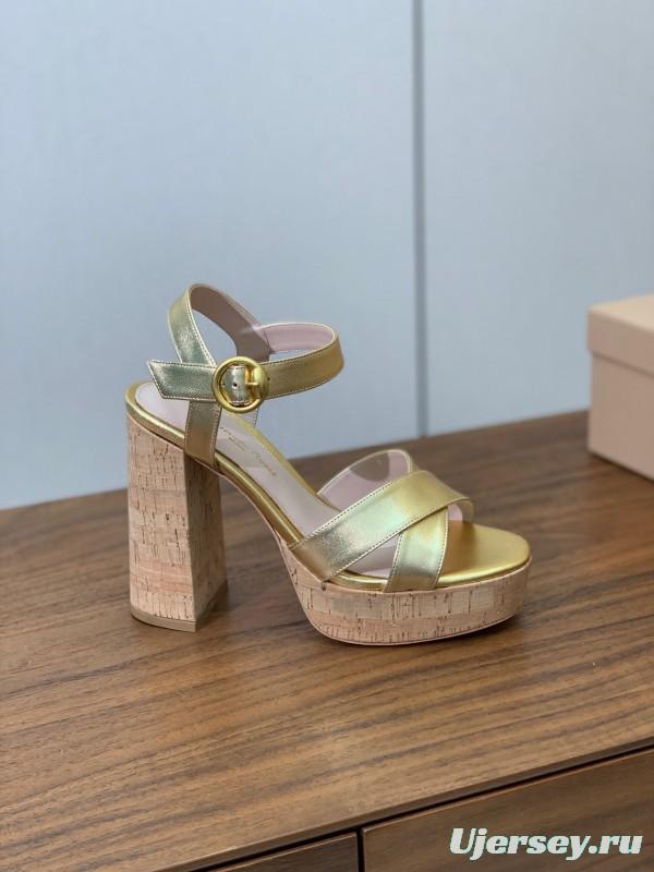 2025 Women Gianvito Rossi Gold Leather Platform Sandals KFY00320