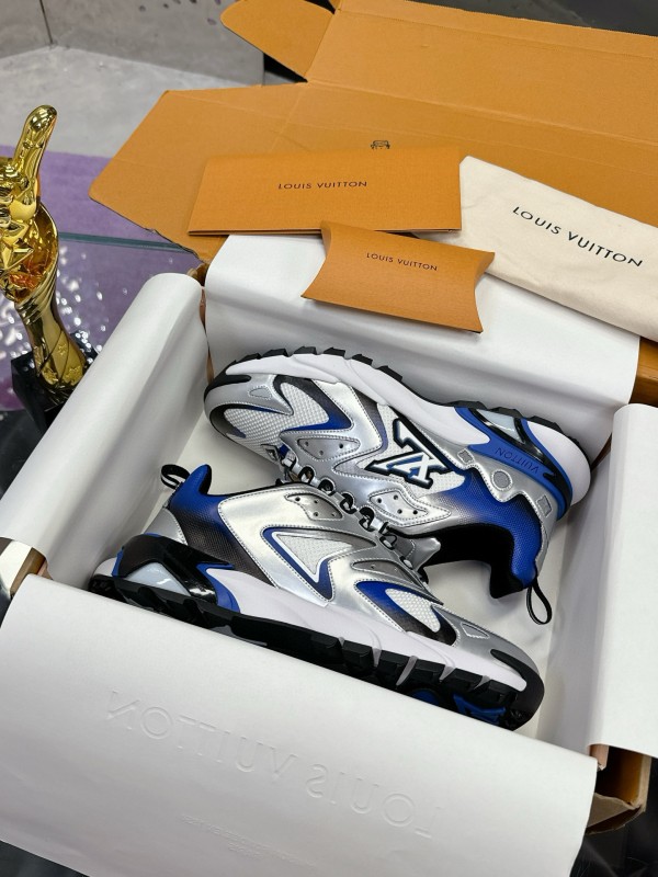 2025 Men Louis Vuitton White Blue Leather Mesh Sneakers MJ00420