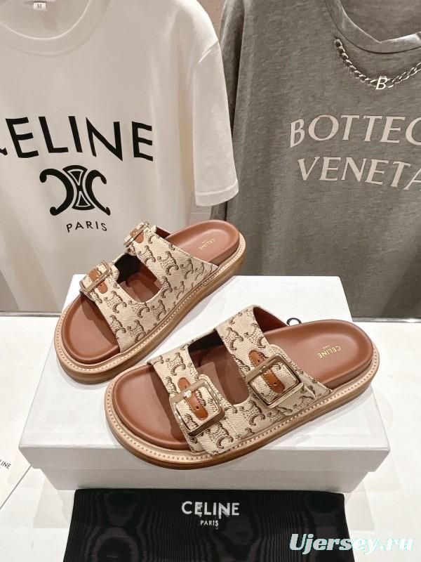 2025 Women Celine Beige Canvas Vintage Style Double Buckle Sandals Handcrafted Unisex LY00360(F)