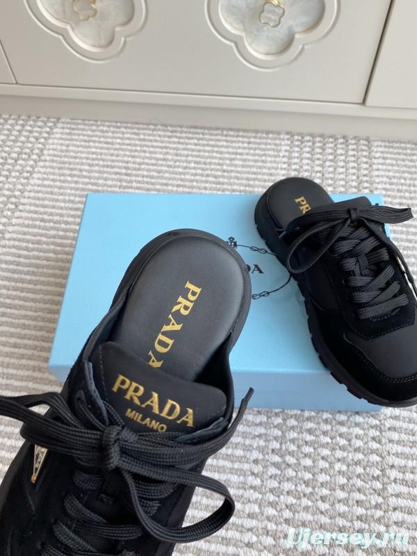 2025 Women Prada Black Nylon Leather Sneakers LY00290