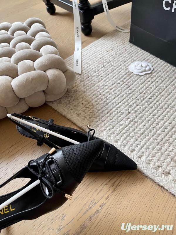 2025 Women Chanel Black Leather Slingback Bowknot Pumps KFY00320