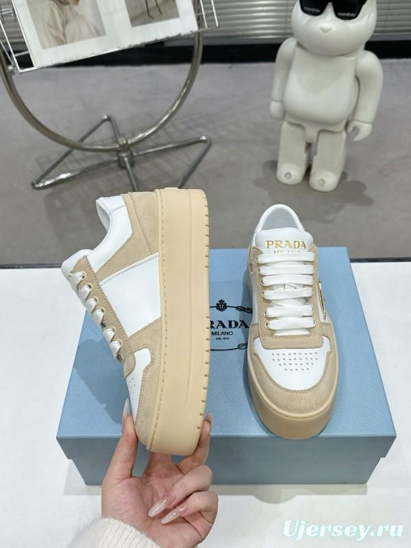 2025 Women Prada White Beige Leather Sneakers