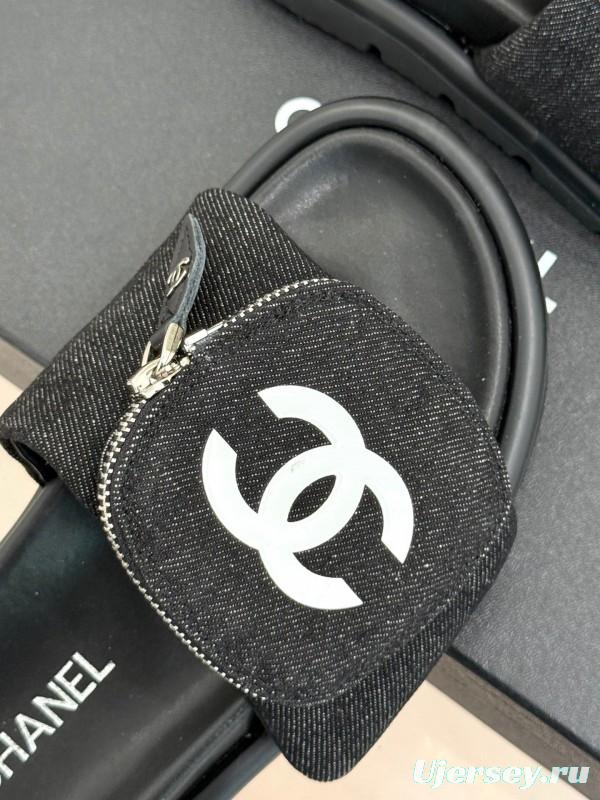 2025 CHANEL Black Fabric Slippers KFY00220