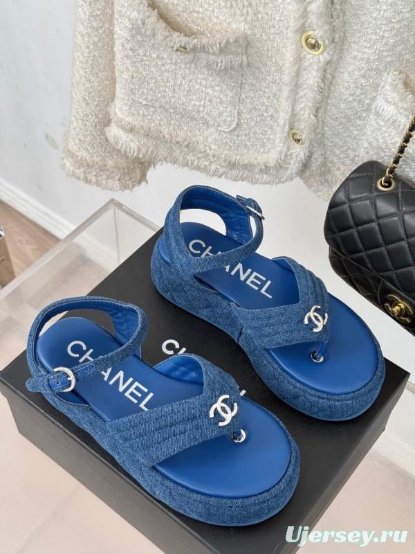 2025 Women Chanel Blue Denim Leather Platform Sandals KFY00260