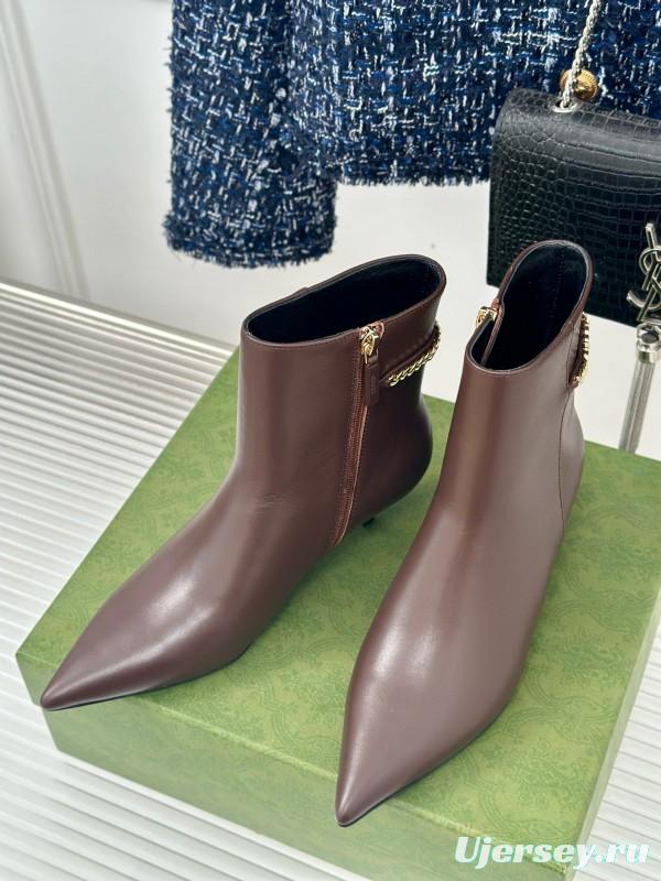2024 Women Gucci Brown Calfskin Ankle Boots Chain Detail MJ00410