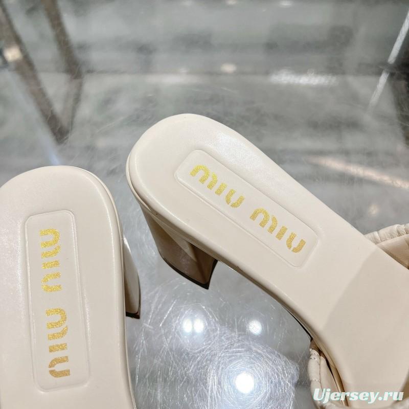 2025 Women Miu Miu White Sheepskin Sandals Embroidered KFY00250