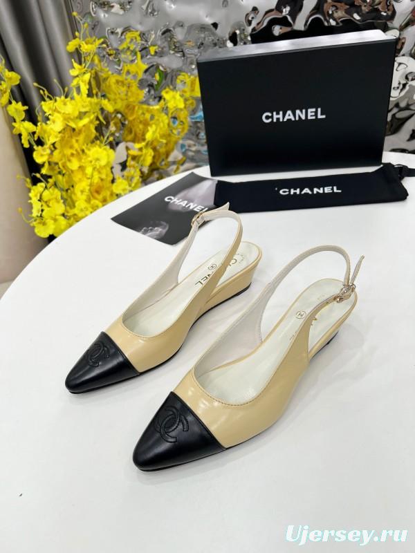 2025 Women Chanel Apricot Black Leather Slingback Flats