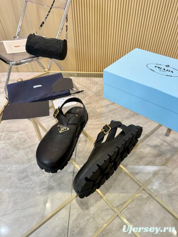 2025 Women Prada Black Leather Sandals LY00280