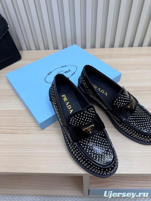 2025 Women Prada Black Leather Loafers Studded LY00340
