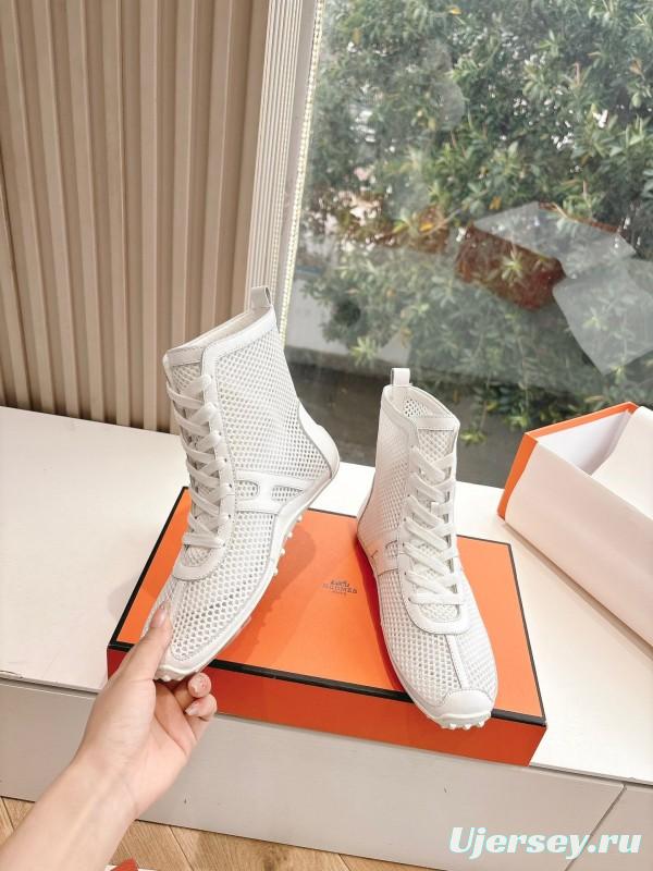 2025 Women Hermès White Leather Mesh Ankle Boots
