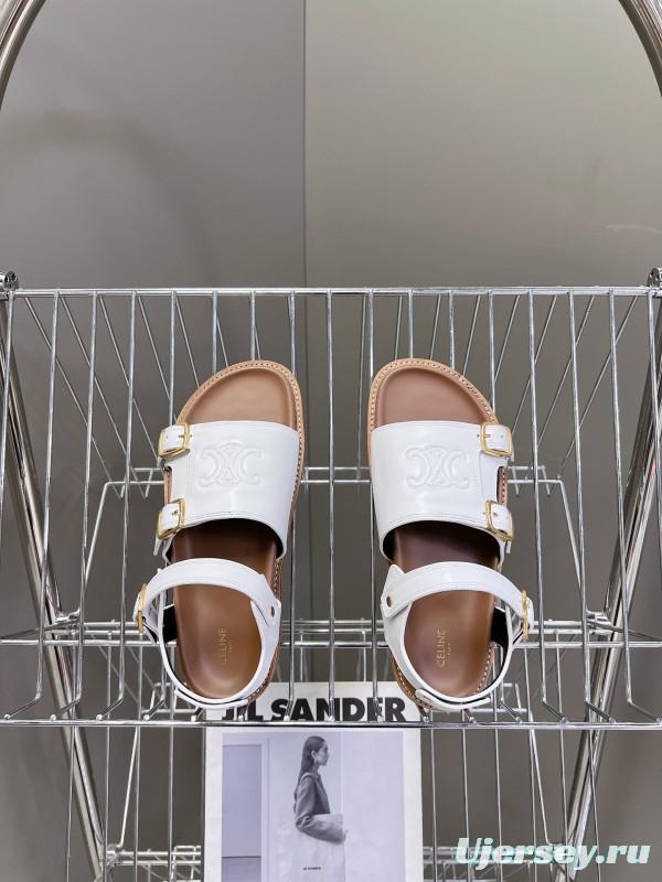2025 Women Celine White Leather Sandals Buckle KFY00280