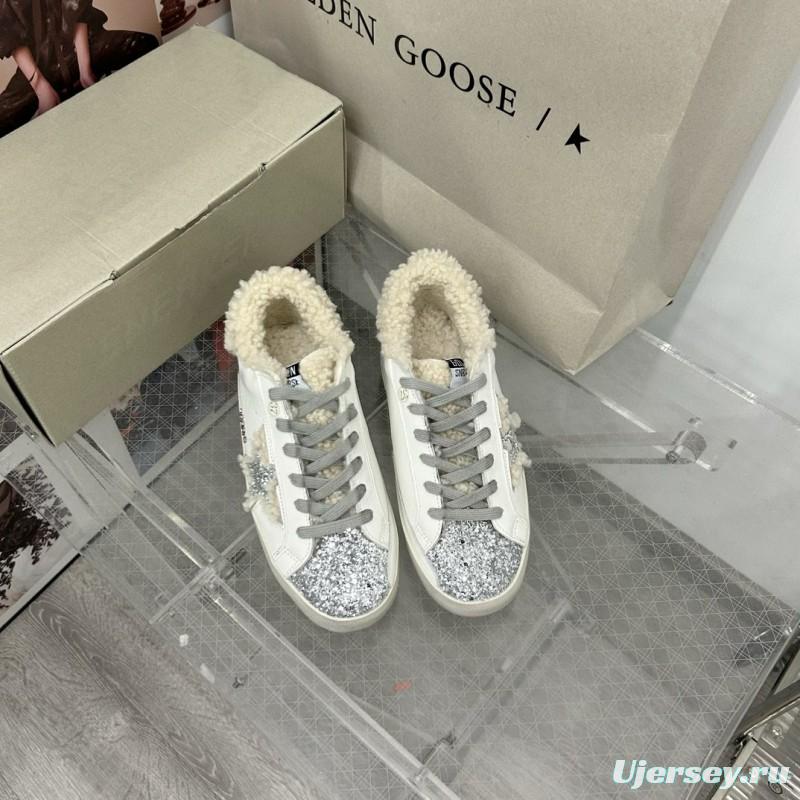2025 Women GGDB White Gray Shearling Leather Sneakers