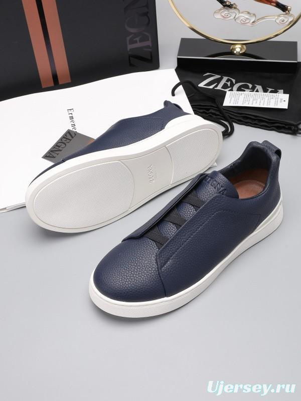2024 Men Ermenegildo Zegna Navy Leather Low Top Sneakers MJ00240