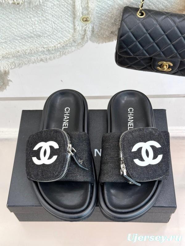 2025 CHANEL Black Fabric Slippers KFY00220