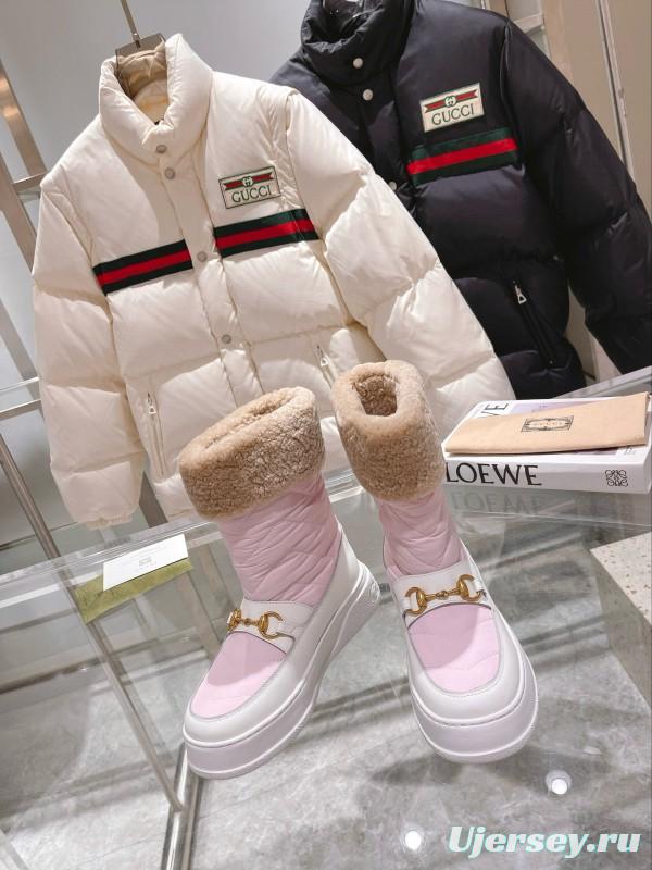 2024 Women Gucci Pink White Leather Shearling Snow Boots