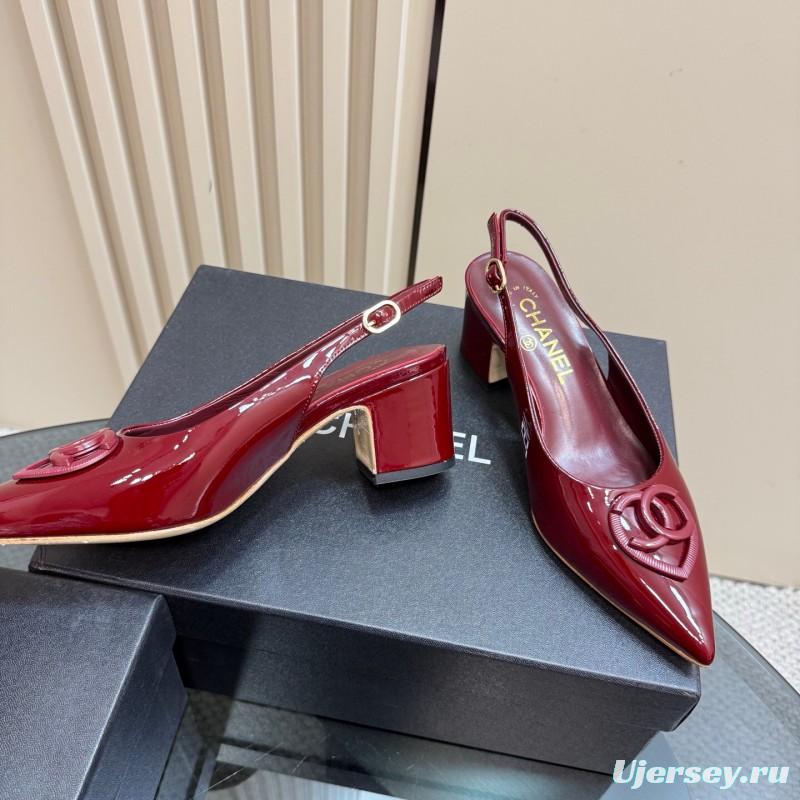 2025 Women Chanel Burgundy Patent Leather Slingback Pumps