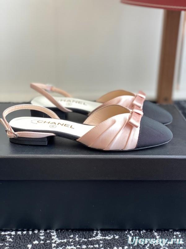 2025 Women Chanel Pink Black Silk Leather Sandals Satin Bow KFY00289