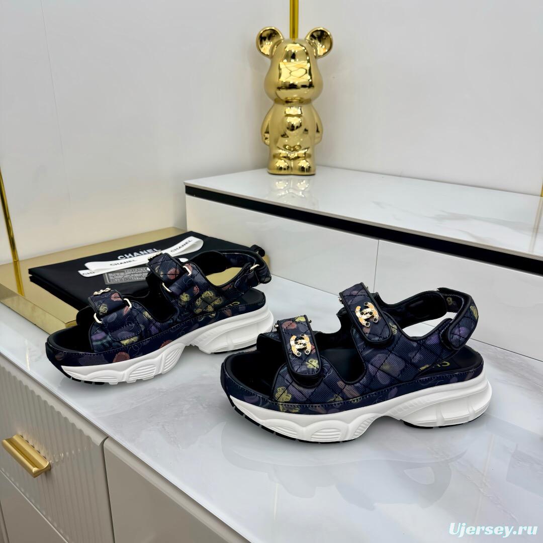 2025 Women Chanel Black Multicolor Fabric Leather Sandals LY00330