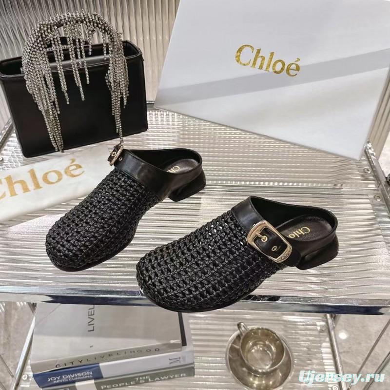 2025 Women Chloé Black Leather Woven Slippers