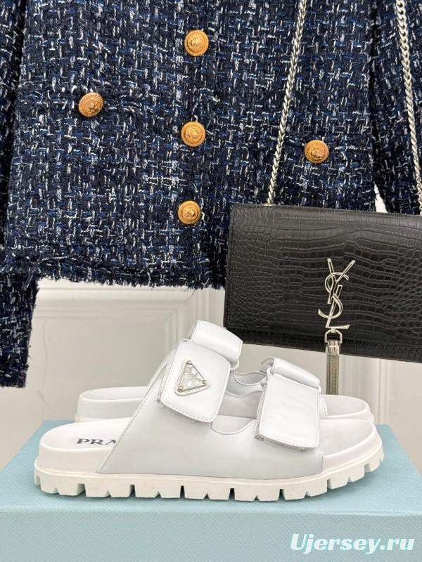 2025 Women Prada White Leather Slippers KFY00240