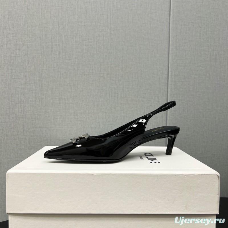 2025 Women Celine Black Patent Leather Slingback Heels KFY00290
