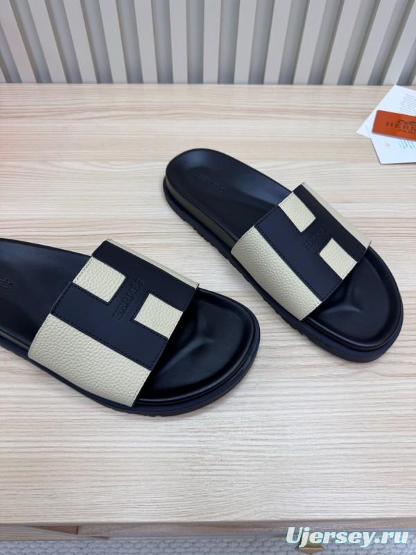 2025 Slippers Hermès Black Beige Leather Slides
