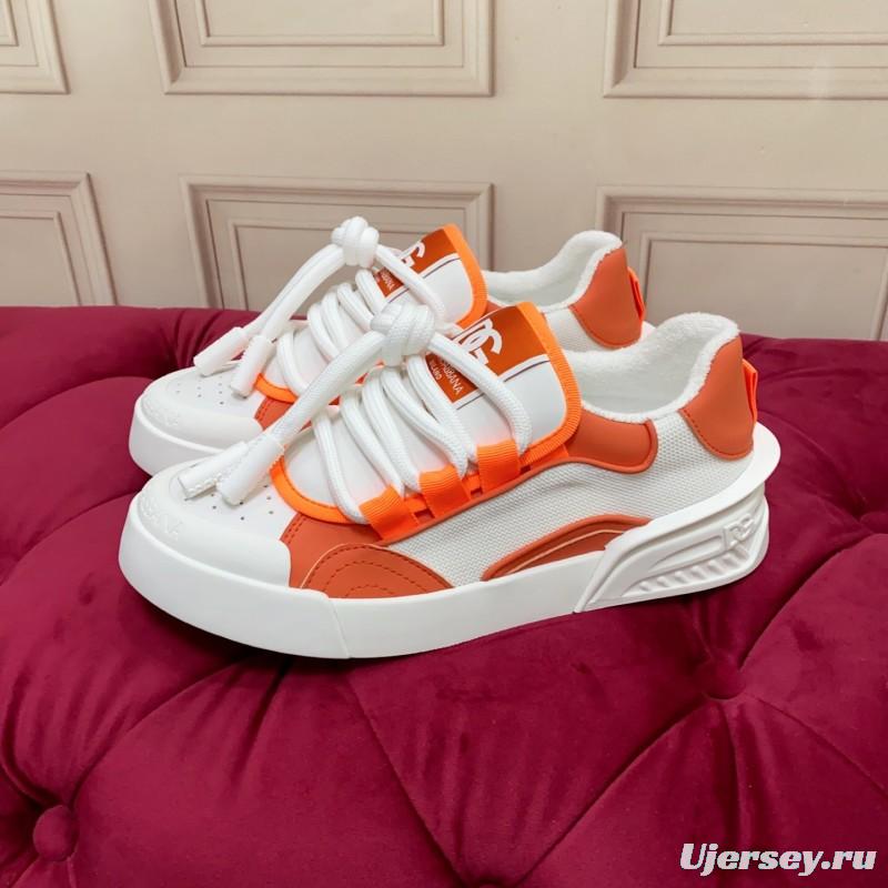 2025 Unisex Dolce & Gabbana Orange White Mesh Leather Sneakers