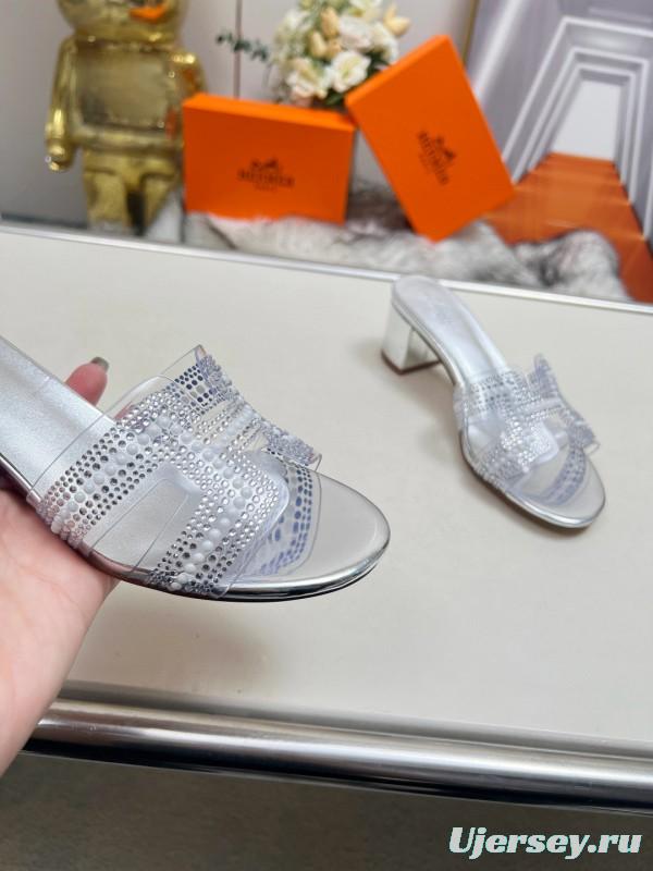 2025 Slippers Hermès Silver Leather Slippers MJ00180/215