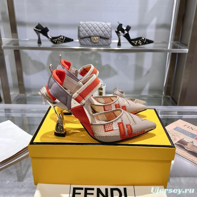 2025 Women Fendi Beige Orange Leather Fabric High Heels MJ00280