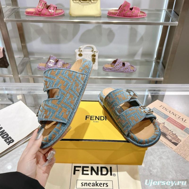 2025 Fendi Blue Beige Jacquard Fabric Slippers Buckle MJ00230
