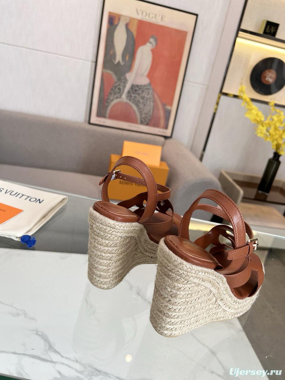 2025 Women Louis Vuitton Brown Leather Espadrilles Sandals MJ00280