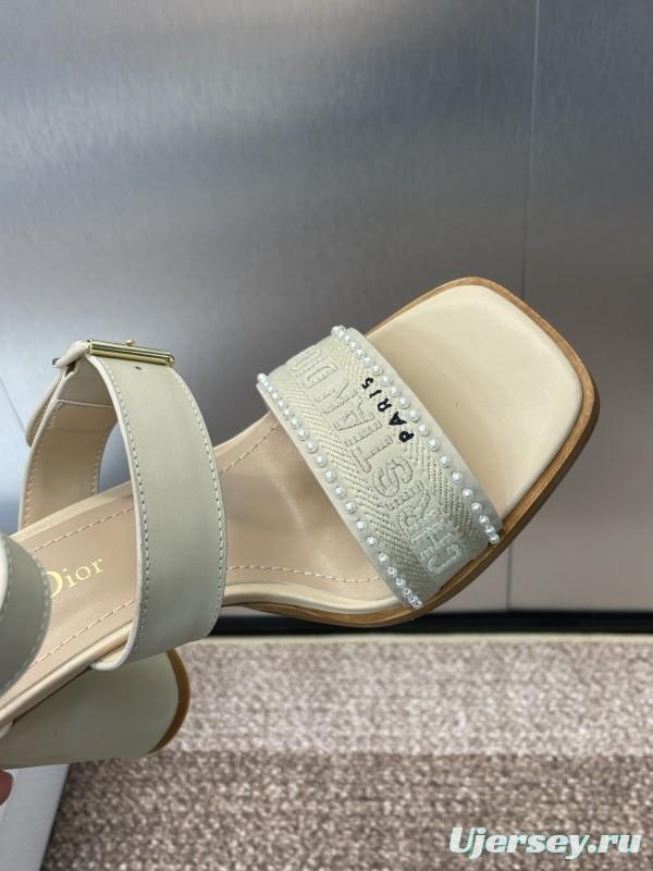 2025 Women Dior Beige Calf Leather Sheepskin Pearl Embroidered High Heel Sandals KFY00320