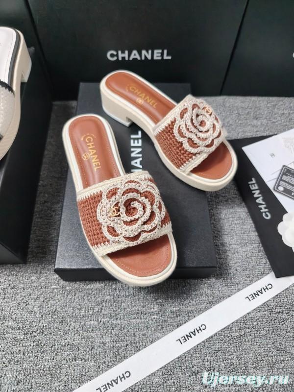 2025 Women Chanel Brown White Leather Slippers