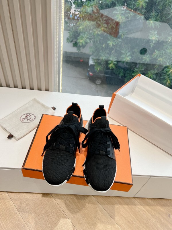 2024 Unisex Hermès Black Orange Knit Sneakers
